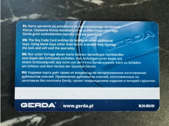 Karta kodowa niezbędna przy dorabianiu kluczy patentowych druga strona